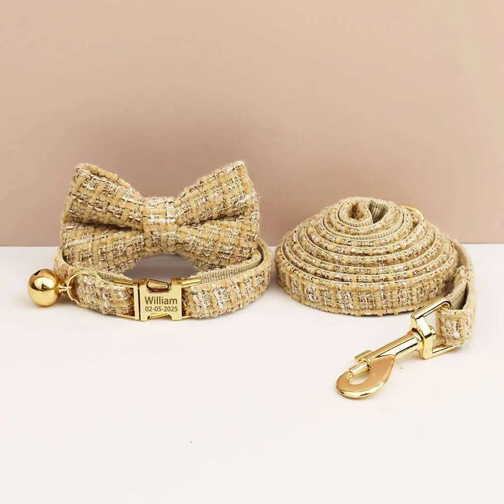 Dog cat leash collar set Designer Personalized Metal Hardware Collars And Leashs Set with Bell Engraving ID Tag for Kittens Pet Accessories